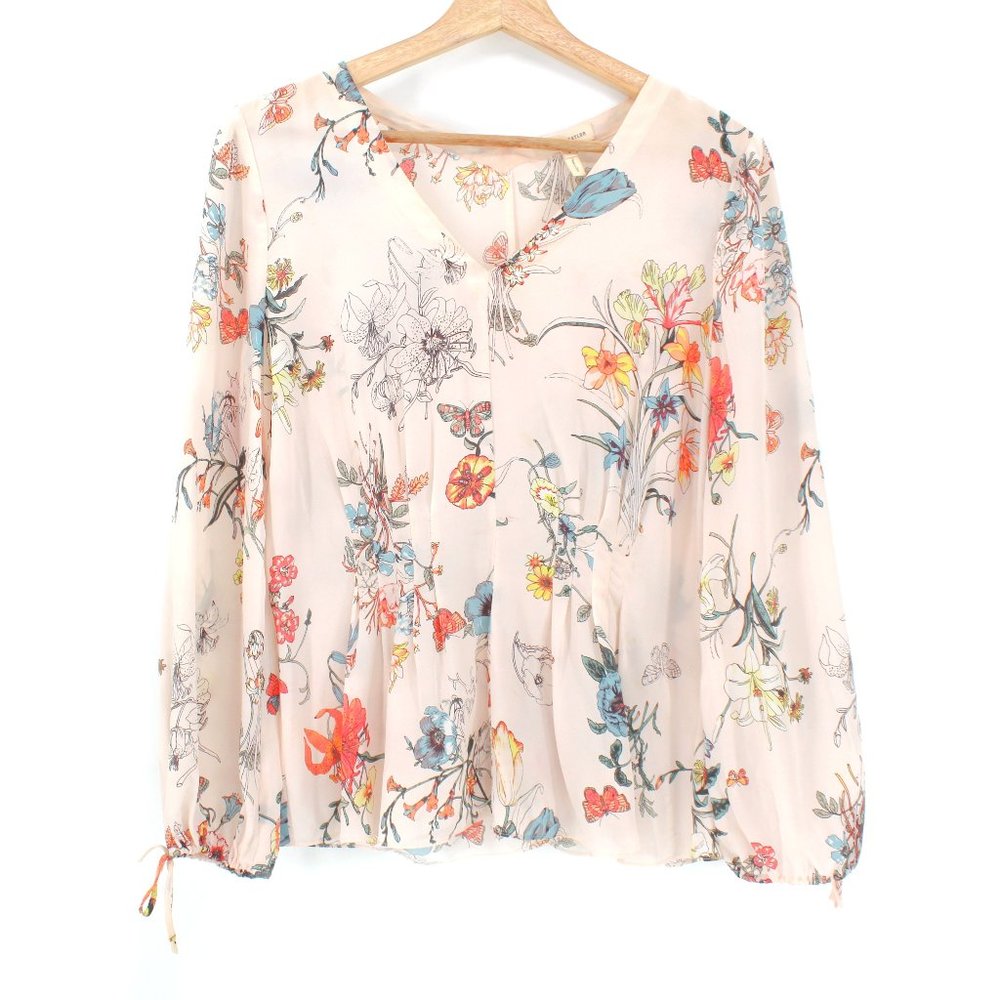 Rebecca Taylor 100%Silk Long Tie Sleeve Meadow Floral Top Pink Combo V-neck 2 - Picture 2 of 15